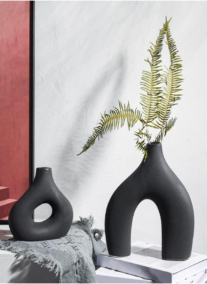 Donut Vase Set 2 for Modern Home Decor, Black Ceramic Vase Hollow Matte Pampas Flower Vases Minimalist Nordic Boho Ins Style for Wedding Dinner Table Party Office Bedroom - Decorative Gift