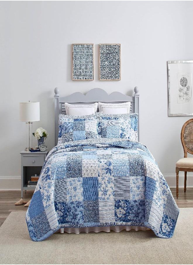 Laura Ashley - Twin Quilt Set, Reversible Cotton Bedding with Matching Sham, Farmhouse Inspired Home Decor (Paisley Printed Patchwork Blue, Twin)