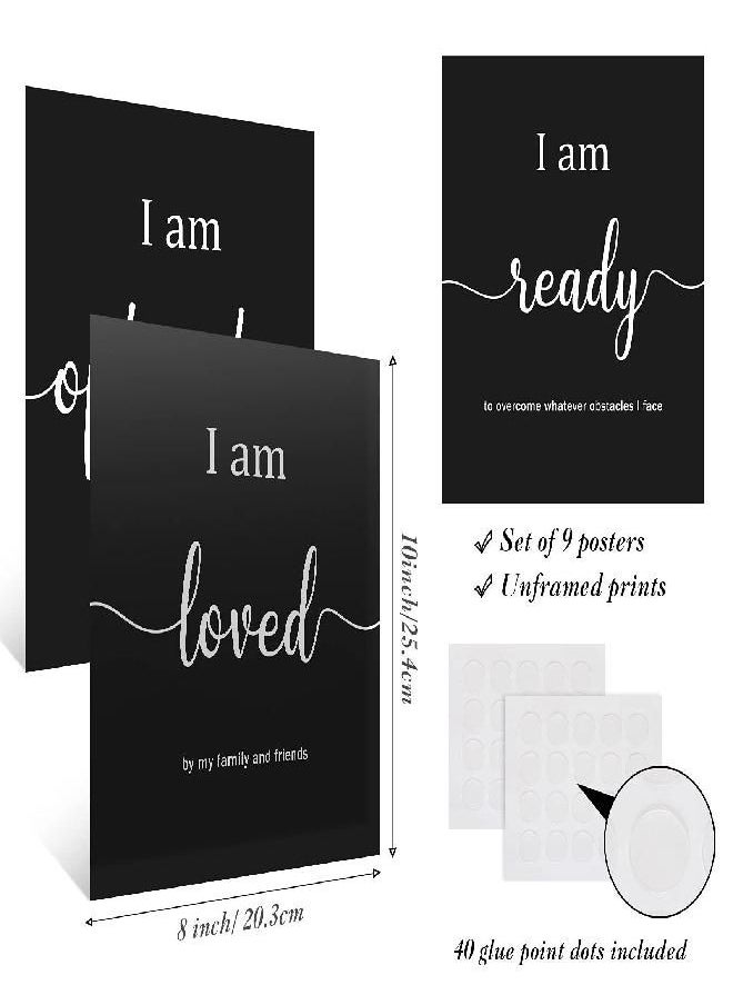 9 Pieces Inspirational Motivational Wall Art Office Bedroom Wall Art, Daily Positive Affirmations for Men Women Kids Inspirational Posters Inspirational Positive Quotes Sayings Wall Decor (Black)