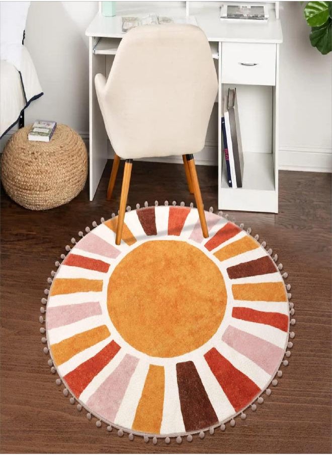 LIVEBOX Retro Sun Round Rug 3 ft, Colorful Boho Rug Soft Circle Entryway Rugs for Bedroom, Cute Washable Non-Slip Kid’s Carpet Doormat for Bathroom Dorm Living Room Nursery Room