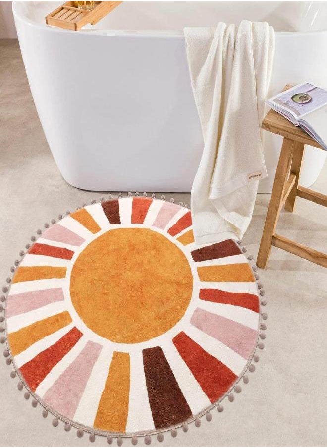 LIVEBOX Retro Sun Round Rug 3 ft, Colorful Boho Rug Soft Circle Entryway Rugs for Bedroom, Cute Washable Non-Slip Kid’s Carpet Doormat for Bathroom Dorm Living Room Nursery Room