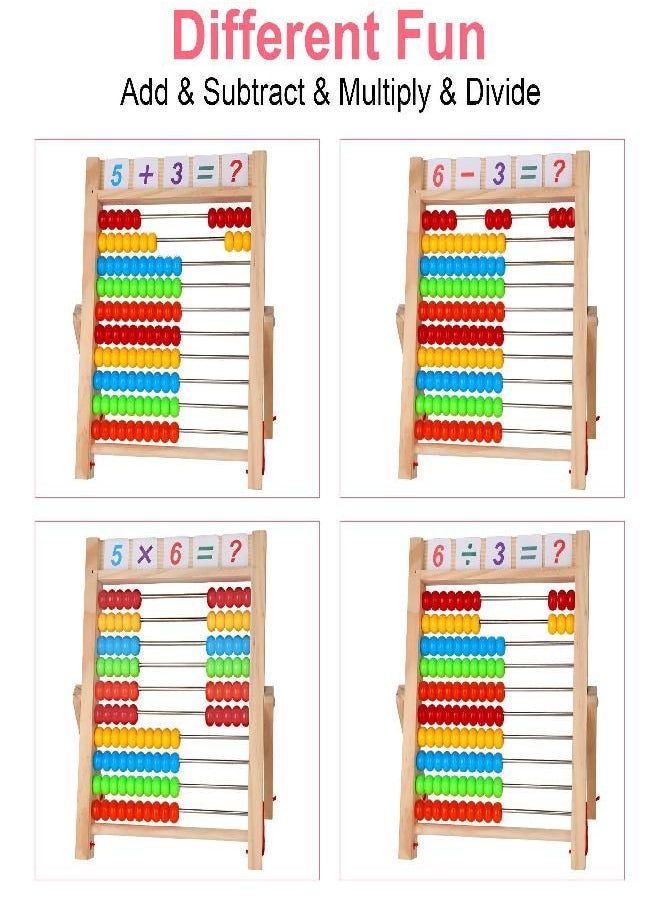 KIDWILL Preschool Math Learning Toy,10-Row Wooden Frame Abacus with Multi-Color Beads, Counting Sticks, Number Alphabet Cards, Gift for 2 3 4 5 6 Years Old Toddlers Boys Girls