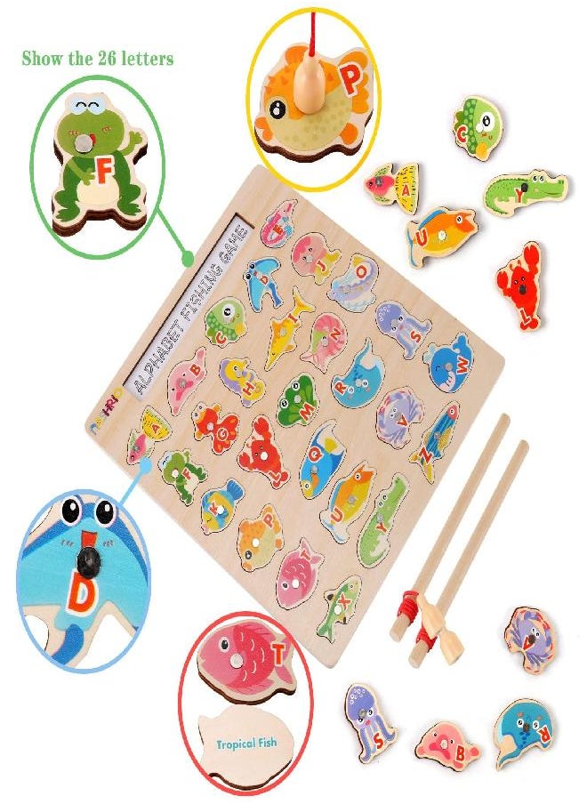 NASHRIO Magnetic Wooden Fishing Game Toy for Toddlers, Alphabet Fish Catching Games Puzzle with Letters, Preschool Learning ABC Educational Toys for 3 4 5 6 Years Old Girl Boy Kids