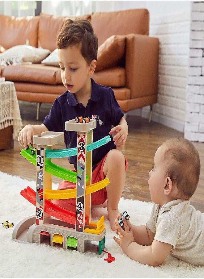 TOP BRIGHT Car Ramp Toy for 1 2 3 Year Old Boy Gifts, Toddler Race Track Toy for 18 Month Old with 4 Wooden Cars and 3 Car Garage