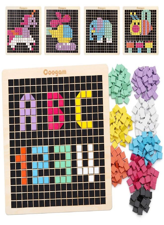 Coogam Wooden Mosaic Puzzle, 370PCS Shape Pattern Blocks with 8 Colors, Pixel Board Game Montessori STEM Toys Gift for Kids Toddlers Boys Girls Ages 4 5 6 7 Years Old