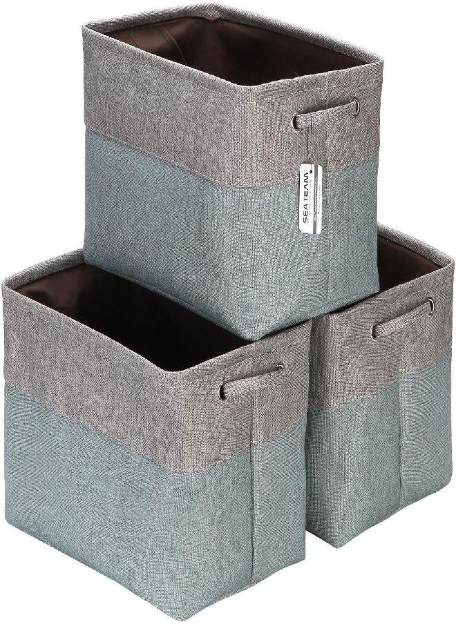 Sea Team 3-Pack Large Storage Basket Set, Trunk Organizer, Clothes Toys Bin, 15 x 10 x 10 Inches, Big Rectangular Canvas Fabric Collapsible Shelf Box with Handles for Kids Room (Grey/Stone Blue)