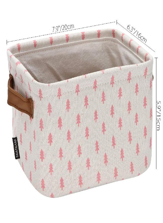 Sea Team Collapsible Small Canvas Fabric Storage Basket with Handles, Square Mini Storage Box, Cube, Foldable Shelf Basket, Closet, Desk Organizer for Nursery, Home, Office (Pink, Set of 4)