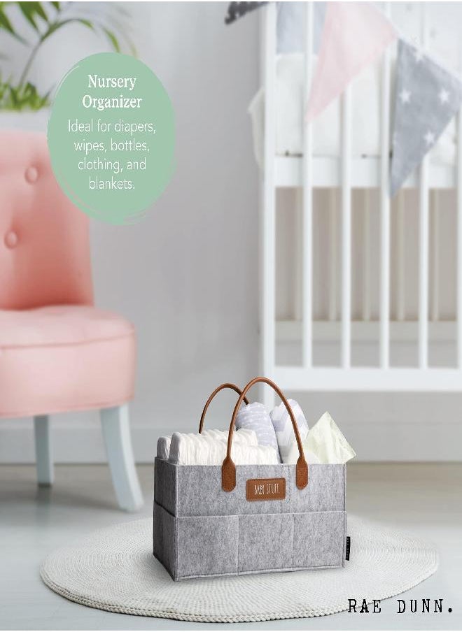 Rae Dunn Baby Diaper Caddy Organizer, Baby Stuff Storage Organizer for Nursery, Changing Table and Car, Portable Basket for Baby Items, Baby Shower Gifts, Grey Felt with Leather Handles, Large
