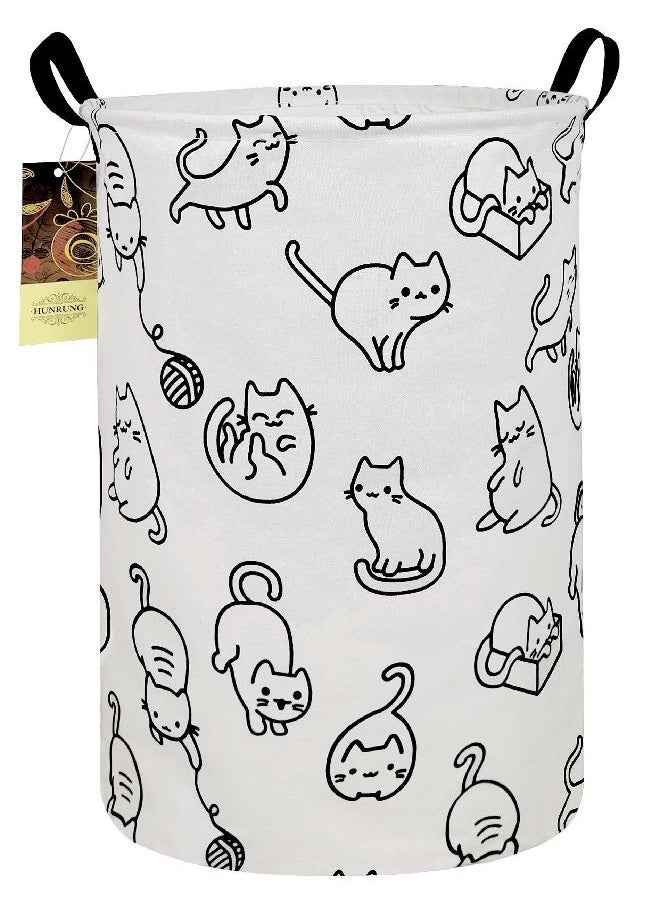 HUNRUNG Laundry Hamper,Large Canvas Fabric Lightweight Storage Basket Toy Organizer Dirty Clothes Collapsible Waterproof for College Dorms, Children Bedroom,Bathroom（Round cat）