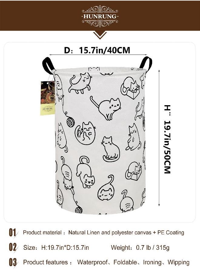 HUNRUNG Laundry Hamper,Large Canvas Fabric Lightweight Storage Basket Toy Organizer Dirty Clothes Collapsible Waterproof for College Dorms, Children Bedroom,Bathroom（Round cat）