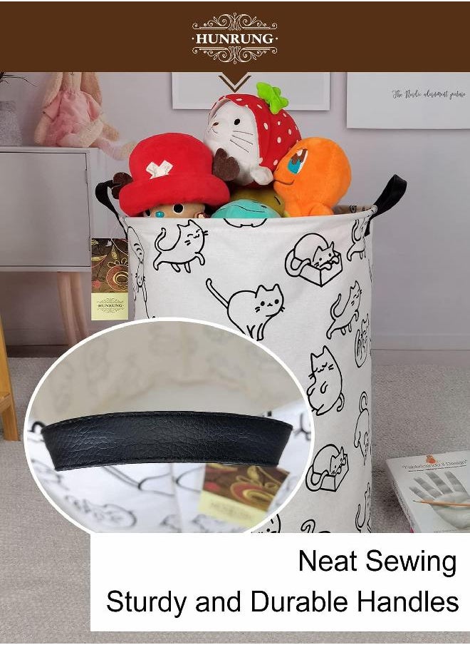 HUNRUNG Laundry Hamper,Large Canvas Fabric Lightweight Storage Basket Toy Organizer Dirty Clothes Collapsible Waterproof for College Dorms, Children Bedroom,Bathroom（Round cat）