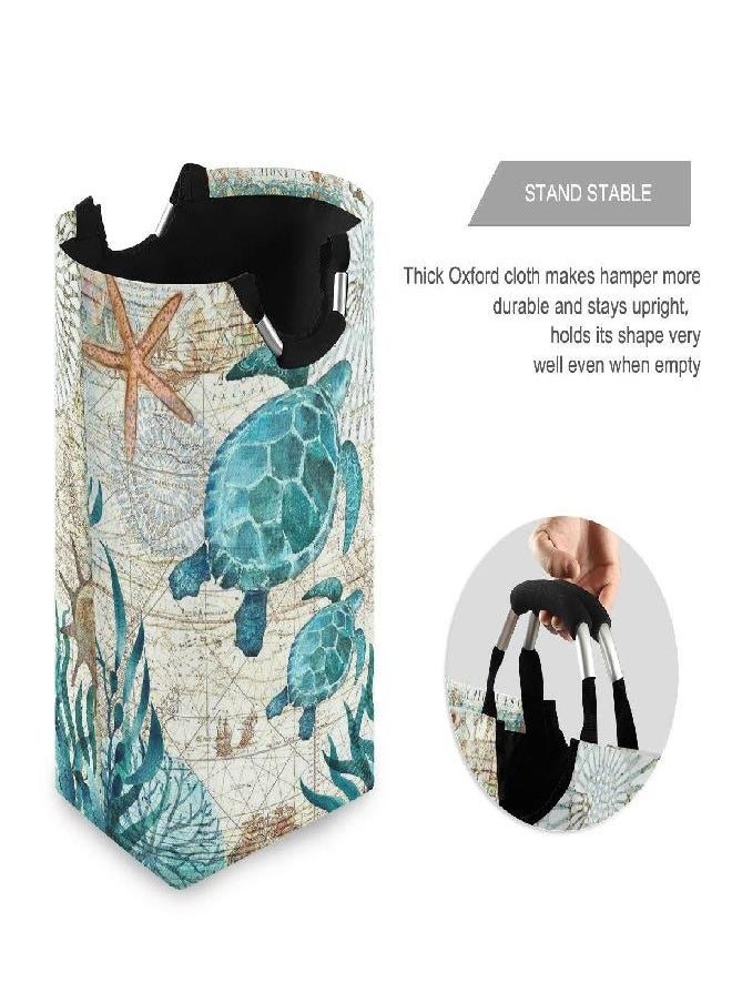 senya Vintage Ocean Sea Turtle Starfish Map Large Storage Basket with Handles Collapsible Organizer Bin Laundry Hamper for Nursery Clothes Toys