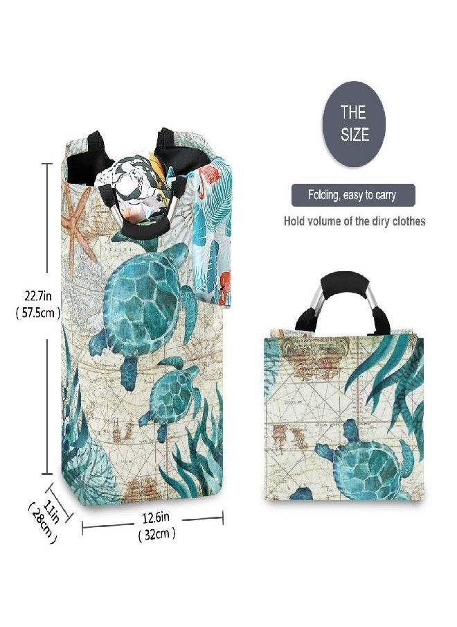 senya Vintage Ocean Sea Turtle Starfish Map Large Storage Basket with Handles Collapsible Organizer Bin Laundry Hamper for Nursery Clothes Toys