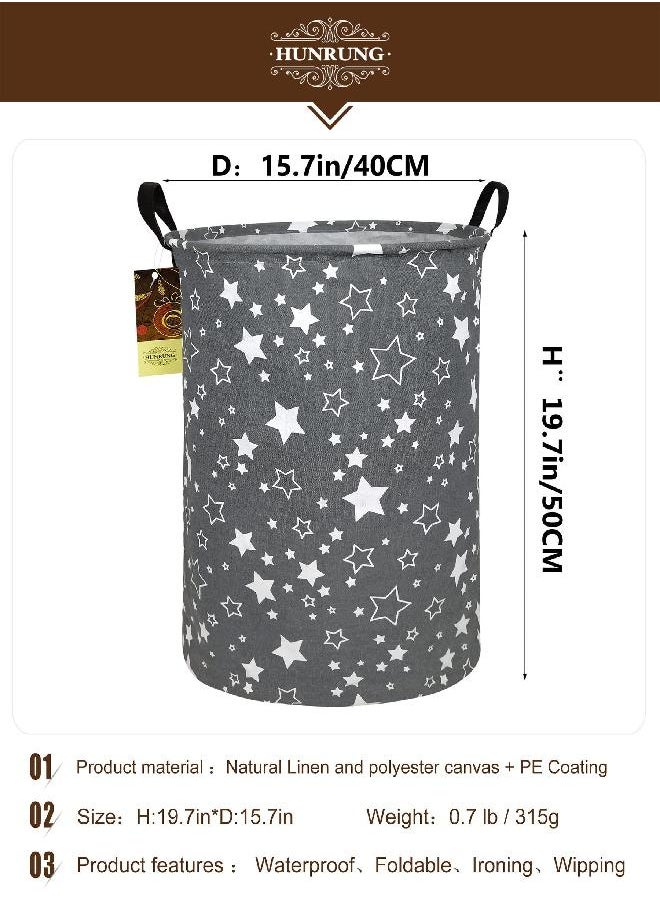 HUNRUNG Laundry Hamper,Large Canvas Fabric Lightweight Storage Basket Toy Organizer Dirty Clothes Collapsible Waterproof for College Dorms, Children Bedroom,Bathroom（Round star）