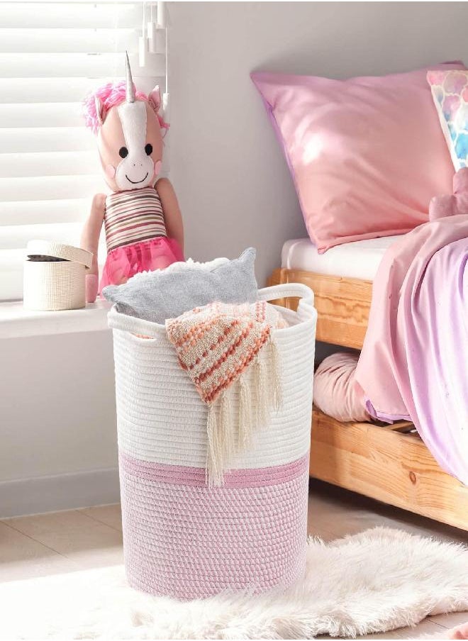 INDRESSME Cotton Basket 16.2 x 14.2 x 13.4 inches Woven Hamper Pink Girl Basket for Gift Toy Blanket Corner Basket in living Room