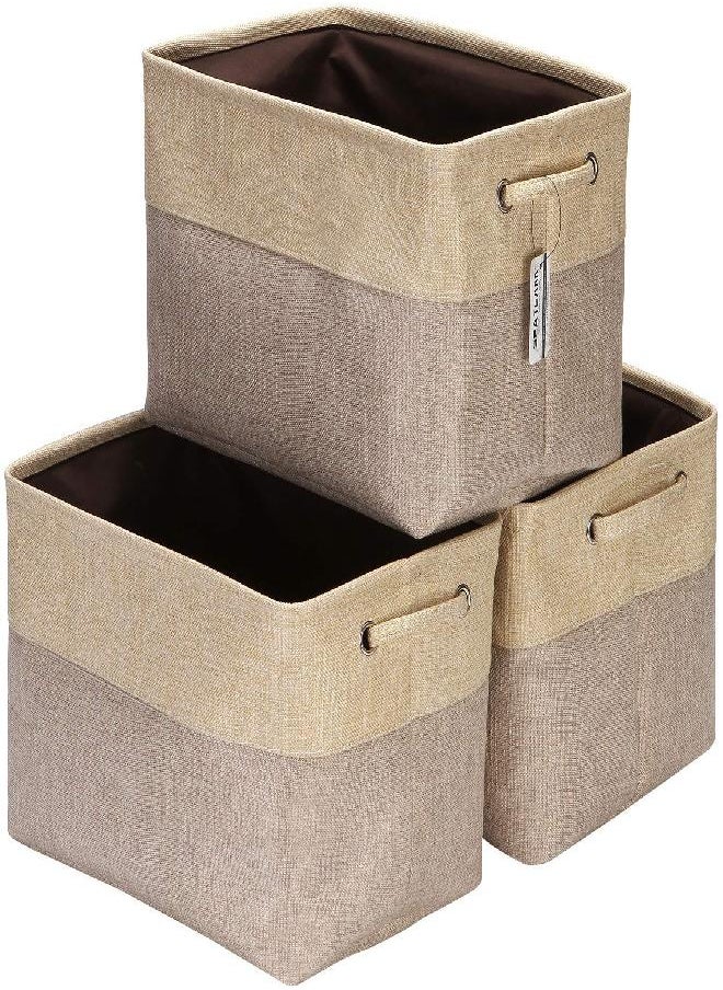 Sea Team 3-Pack Large Storage Basket Set, Trunk Organizer, Clothes Toys Bin, 15 x 10 x 10 Inches, Big Rectangular Canvas Fabric Collapsible Shelf Box with Handles for Kids Room (Tan/Beige)