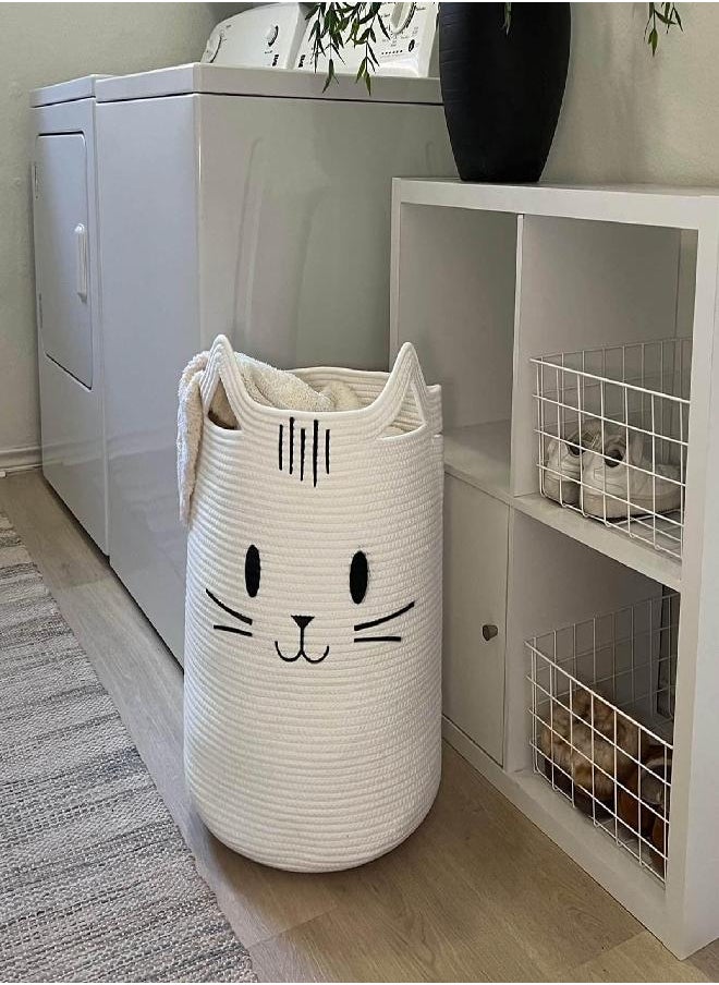 INDRESSME Cute Baby Laundry Basket, Tall Nursery Hamper for Clothes, Towels, Blankets, Kids Toy Storage Basket for Living Room, Bedroom, Cat Basket for Playroom, 16 x 20 inches, White