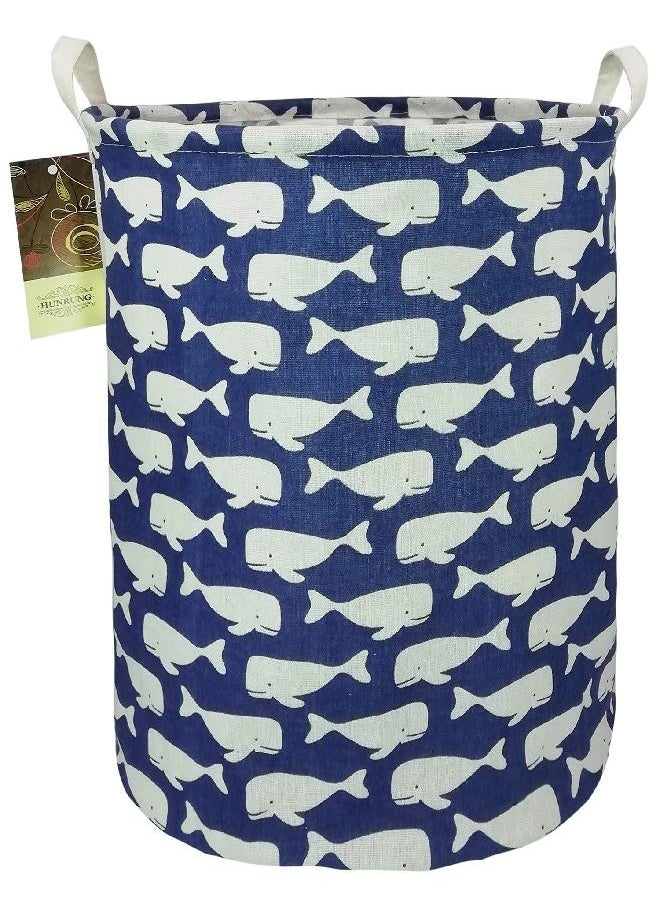 HUNRUNG Laundry Hamper,Large Canvas Fabric Lightweight Storage Basket Toy Organizer Dirty Clothes Collapsible Waterproof for College Dorms, Children Bedroom,Bathroom (Rould Blue Whale)