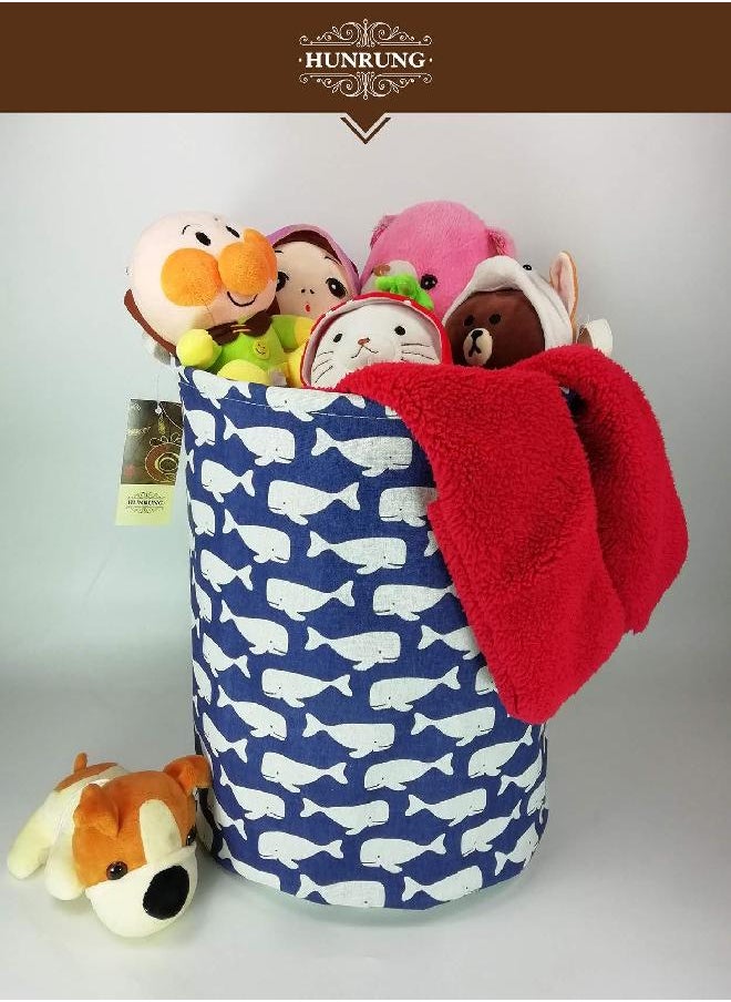 HUNRUNG Laundry Hamper,Large Canvas Fabric Lightweight Storage Basket Toy Organizer Dirty Clothes Collapsible Waterproof for College Dorms, Children Bedroom,Bathroom (Rould Blue Whale)