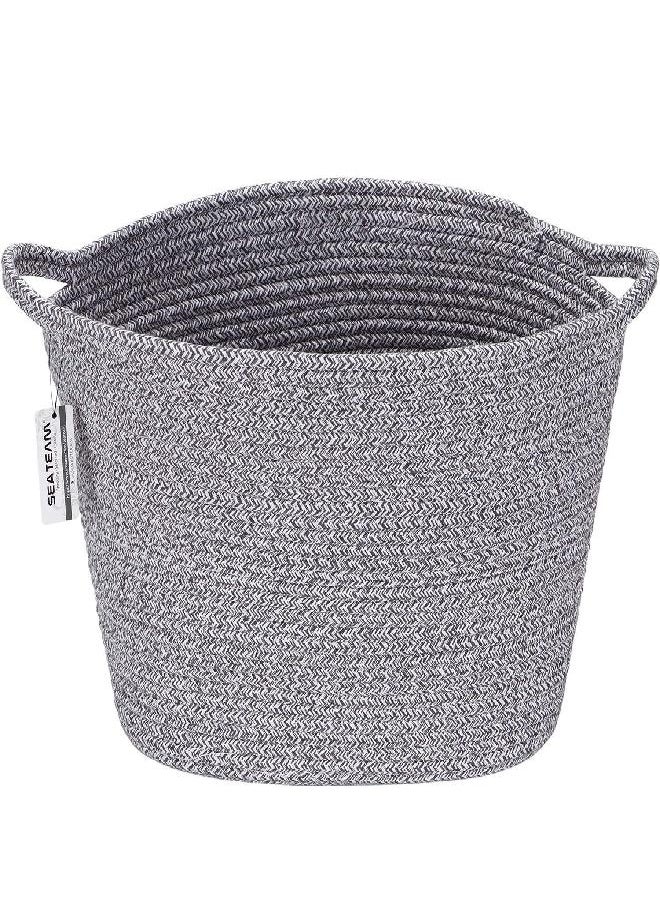 Sea Team Oval Cotton Rope Woven Storage Basket with Handles, Diaper Caddy, Nursery Nappies Organizer, Baby Shower Basket for Kid's Room, 14.2 x 9 x 11.4 Inches (Medium Size, Mottled Grey)