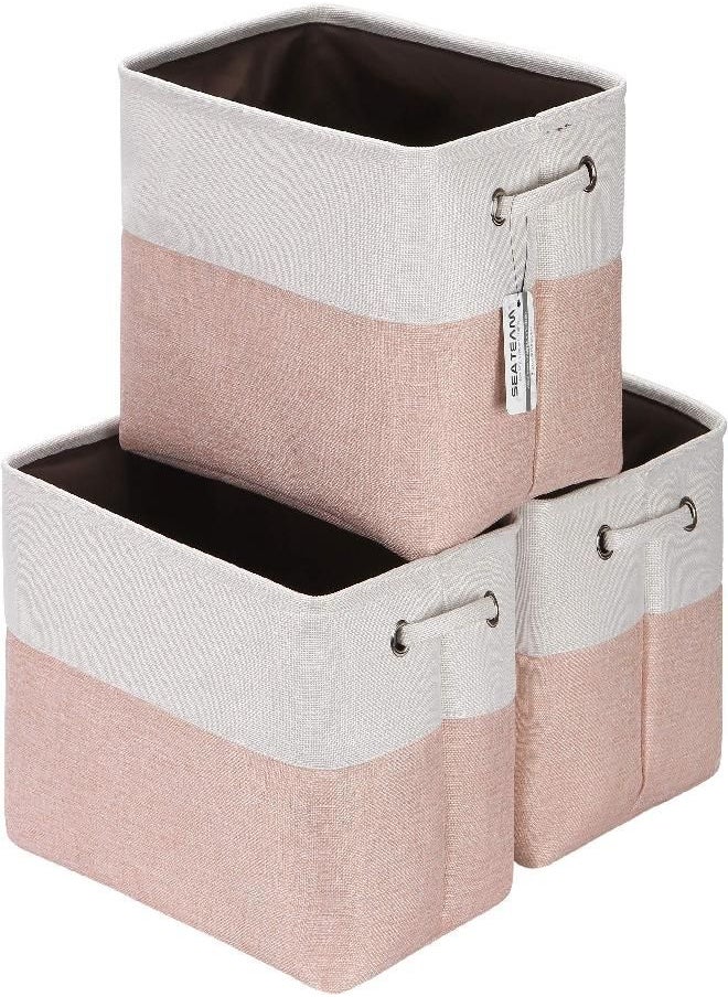 Sea Team 3-Pack Large Storage Basket Set, Trunk Organizer, Clothes Toys Bin, 15 x 10 x 10 Inches, Big Rectangular Canvas Fabric Collapsible Shelf Box with Handles for Kids Room (Pale Blush/White)