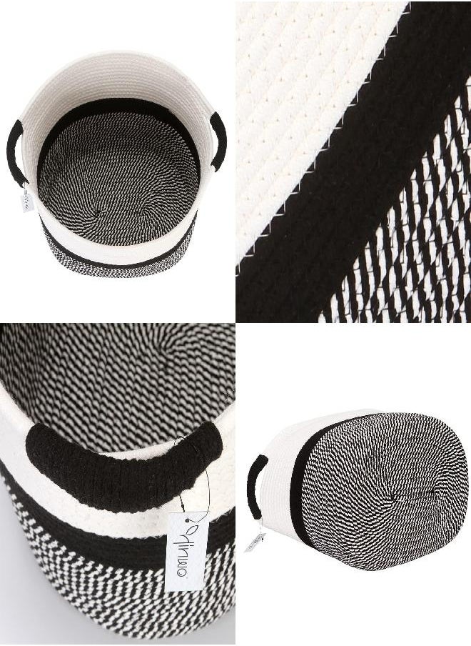 Hinwo Oval Cotton Rope Storage Basket Collapsible Nursery Storage Box Container Organizer with Handles, 16 x 13 inches, Off White and Black