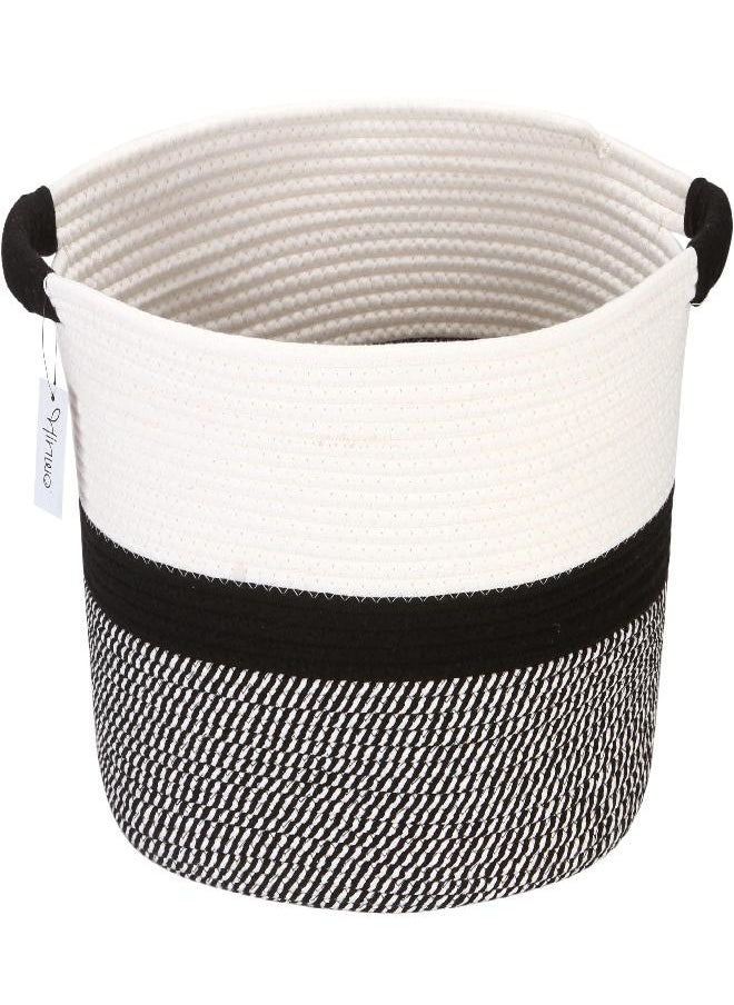 Hinwo Oval Cotton Rope Storage Basket Collapsible Nursery Storage Box Container Organizer with Handles, 16 x 13 inches, Off White and Black