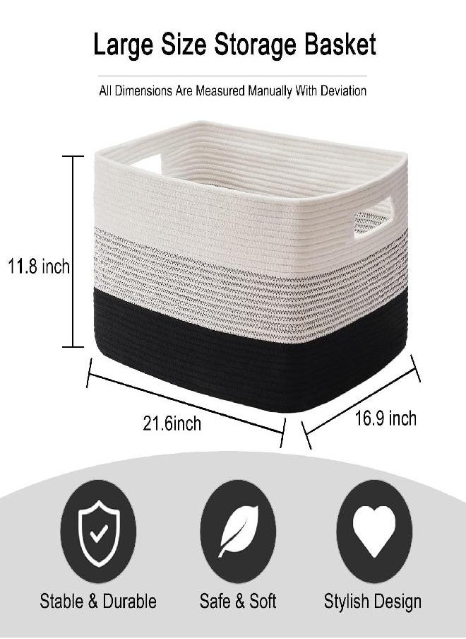 OIAHOMY Large Cotton Rope Basket, Rectangle Woven Baskets for Storage, Nursery Blanket Basket Living Room, Toy Basket With Handle, Large Baskets for Organizing-22”x17”x12”-Gradient Black