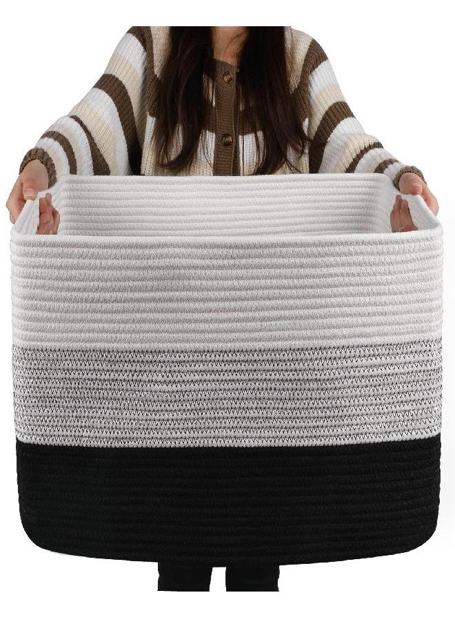 OIAHOMY Large Cotton Rope Basket, Rectangle Woven Baskets for Storage, Nursery Blanket Basket Living Room, Toy Basket With Handle, Large Baskets for Organizing-22”x17”x12”-Gradient Black