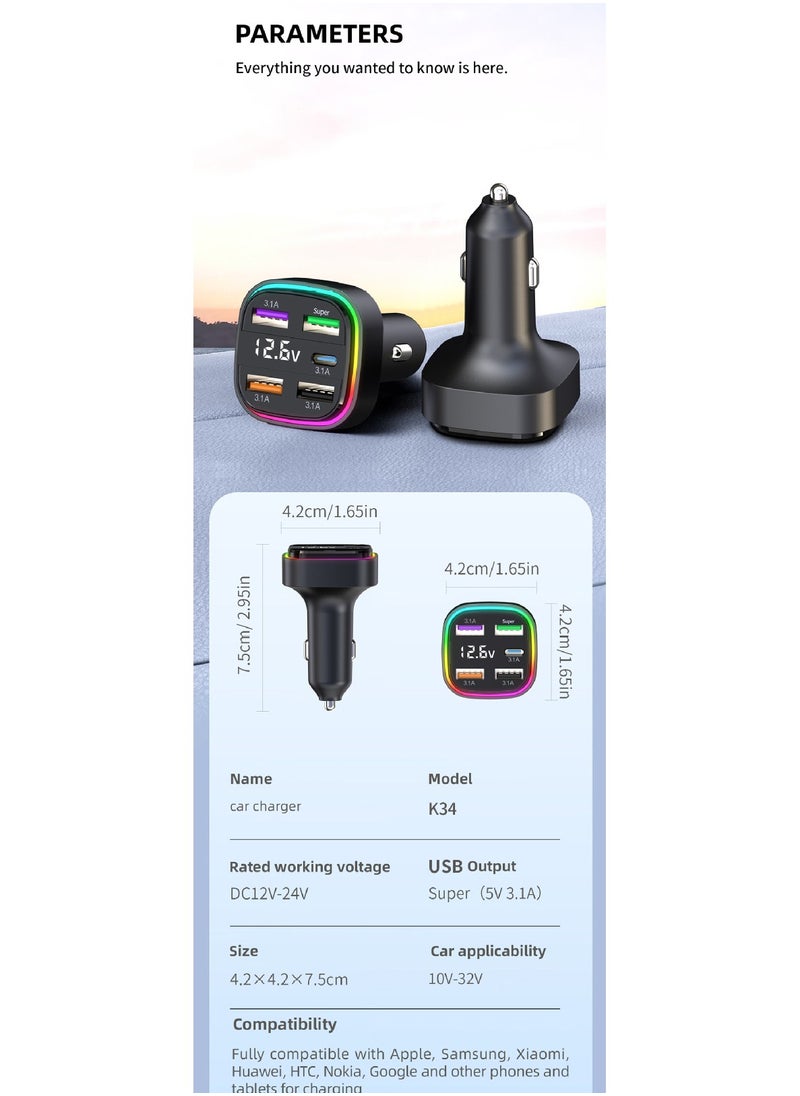 Car charger fast charging one-to-two-to-three car charger with built-in PD dual-line car suitable for Samsung series Android series stable charging exquisite appearance