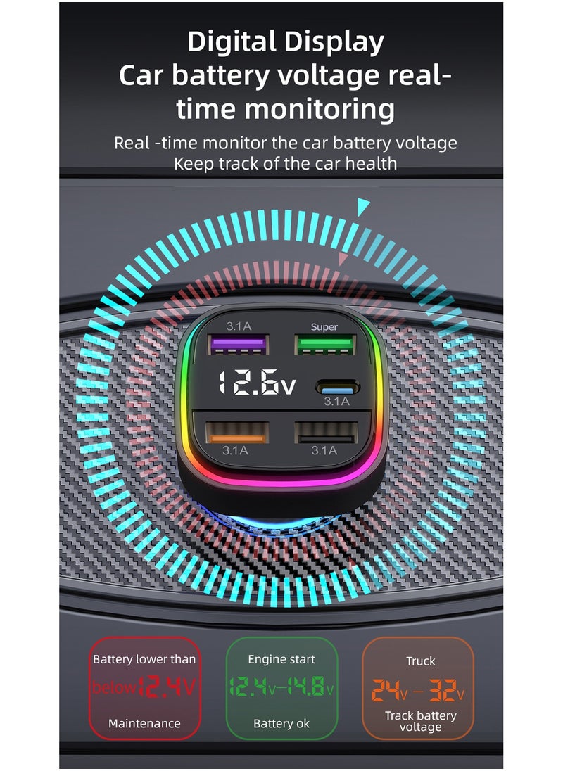 Car charger fast charging one-to-two-to-three car charger with built-in PD dual-line car suitable for Samsung series Android series stable charging exquisite appearance