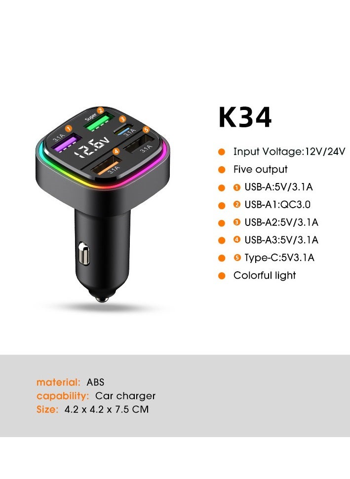 Car charger fast charging one-to-two-to-three car charger with built-in PD dual-line car suitable for Samsung series Android series stable charging exquisite appearance