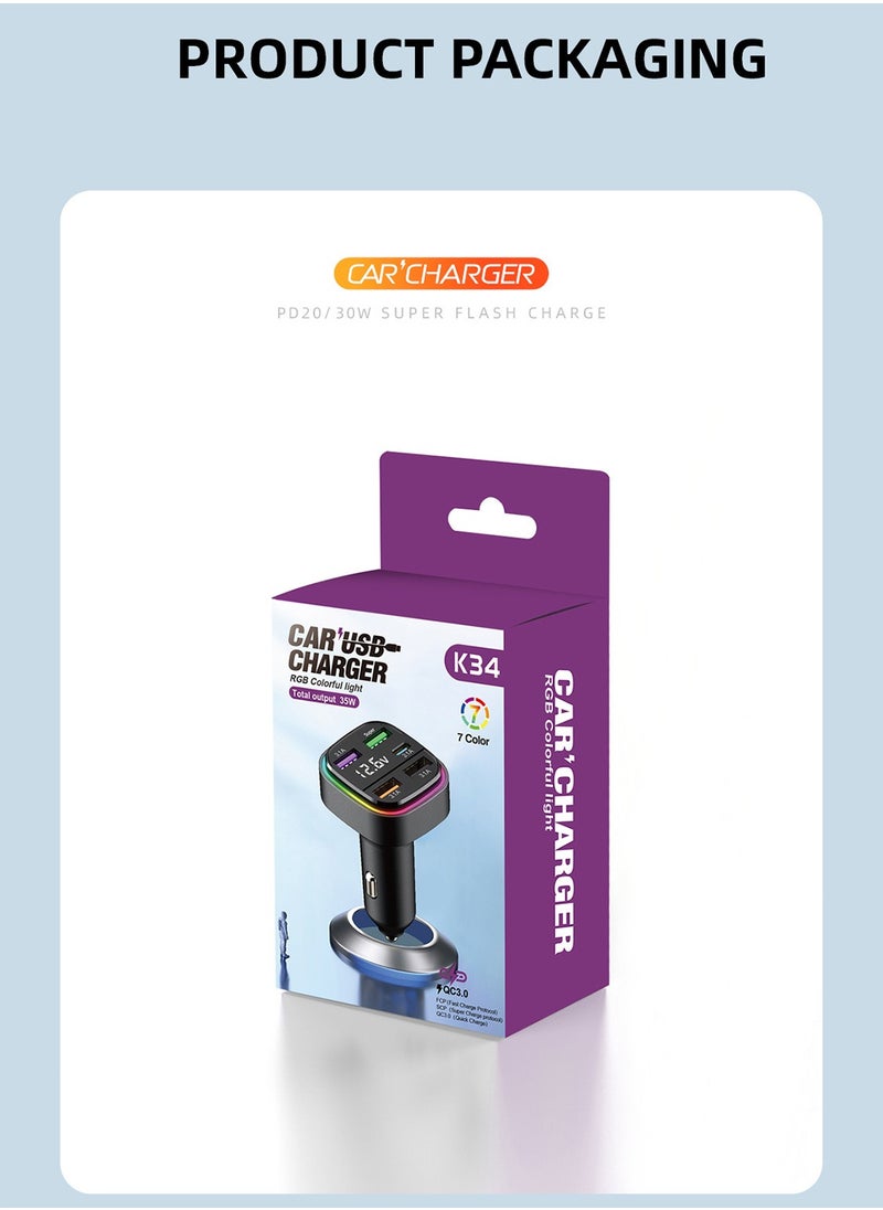Car charger fast charging one-to-two-to-three car charger with built-in PD dual-line car suitable for Samsung series Android series stable charging exquisite appearance