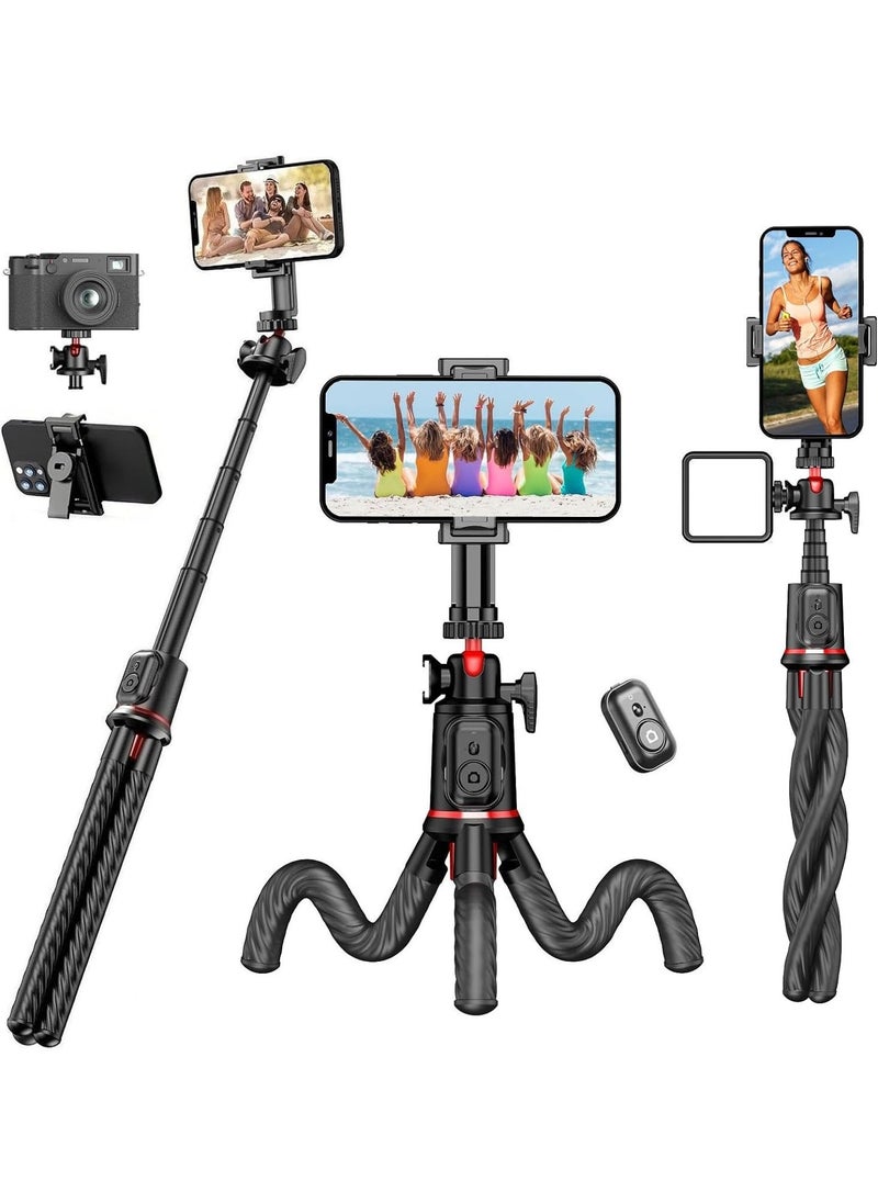 Phone Tripod Flexible Selfie Stick - Octopus Camera Tripod Extendable Cell Phone Tripod Stand with Remote, 360° Rotation Portable Travel Tripod for iPhone Android Camera Video Recording