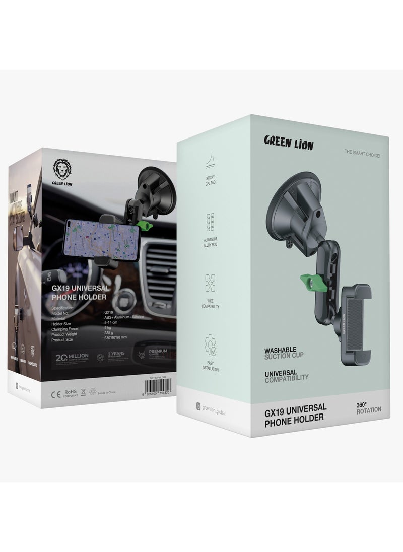 Universal Phone Holder GX-19 / Dashboard / Windshield / Window / Secure Grip / Durable Aluminum / Wide Compatibility / 360° Rotation / Car Phone Mount - Black