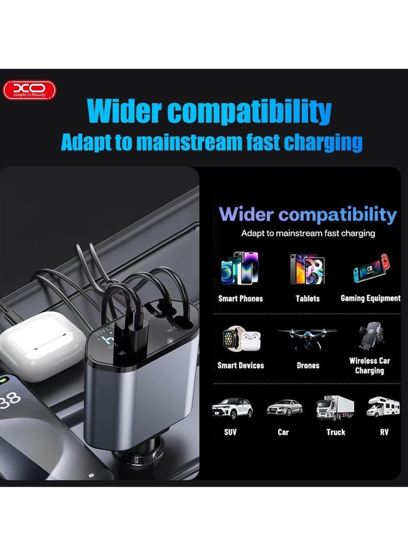 104W Retractable Car Charger – Compatible with iPhone 15/14/13/12/11, Fast Car Power Adapter PD20W & Type-C 60W, 4-in-1 Fast Charging Car USB Charger for Phones & Devices