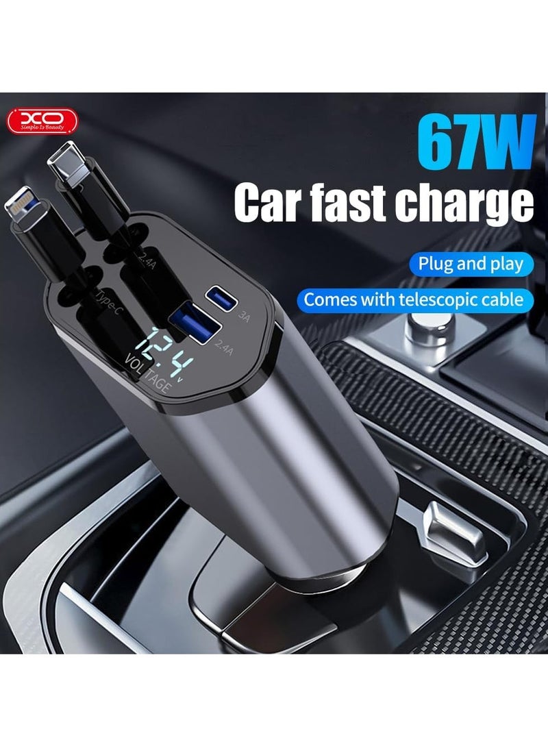 104W Retractable Car Charger – Compatible with iPhone 15/14/13/12/11, Fast Car Power Adapter PD20W & Type-C 60W, 4-in-1 Fast Charging Car USB Charger for Phones & Devices