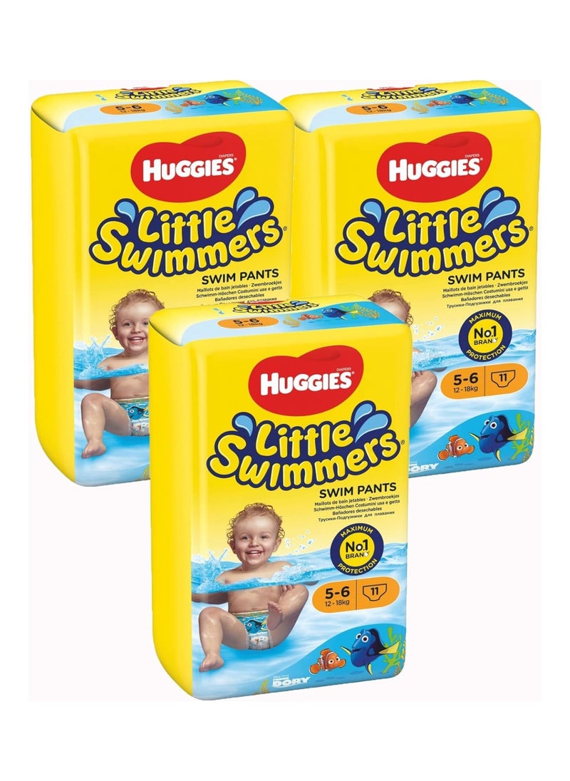 Pack Of 3 Little Swimmers Baby Disposable Swim Diapers Pants, Size 5 - 6, 11 Total