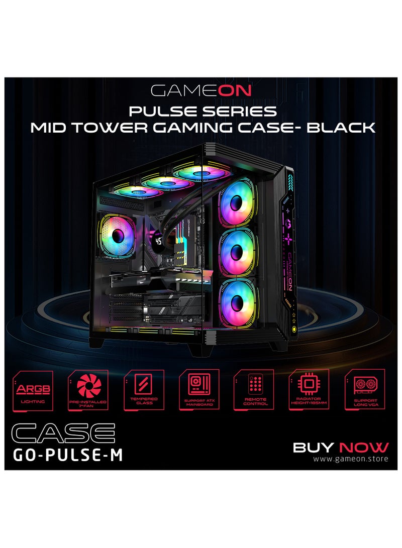 PULSE-M Gaming PC Case – ATX/M-ATX/ITX Support, Tempered Glass, ARGB+PWM Lighting, Pre-installed 7 Fans, 360mm Water Cooling Ready Black