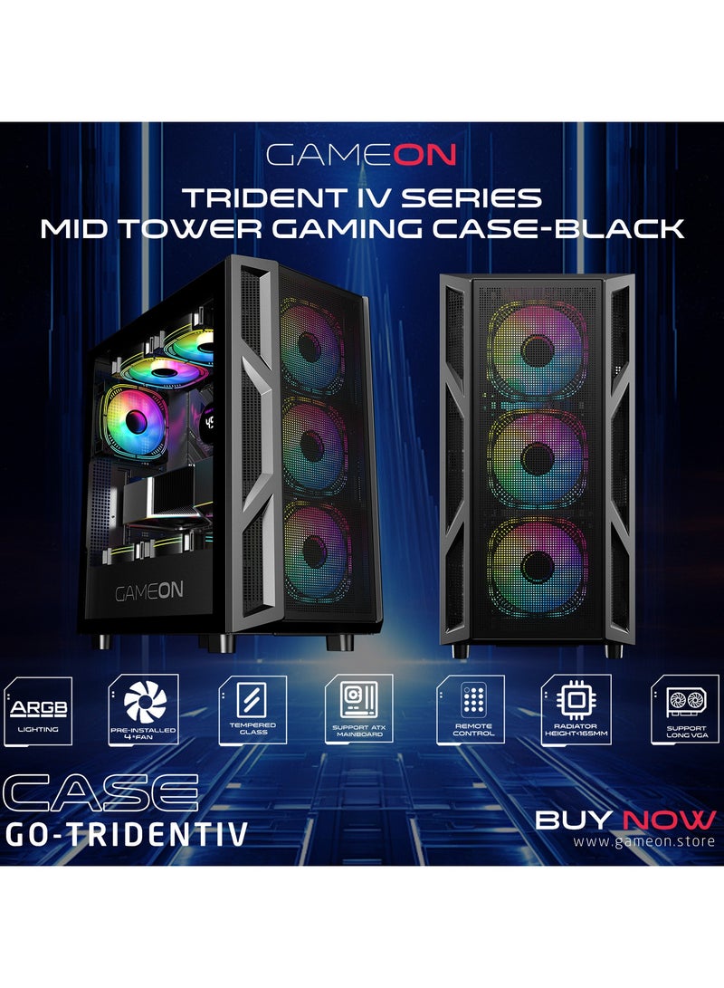 Trident IV Gaming PC Case – ATX/M-ATX/ITX Support, ARGB+PWM Lighting, Tempered Glass, Pre-installed 4 Fans, Water Cooling Ready Black