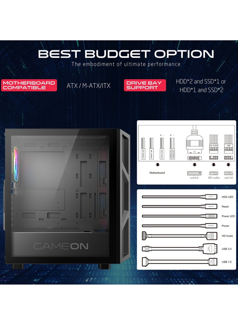 Trident IV Gaming PC Case – ATX/M-ATX/ITX Support, ARGB+PWM Lighting, Tempered Glass, Pre-installed 4 Fans, Water Cooling Ready Black