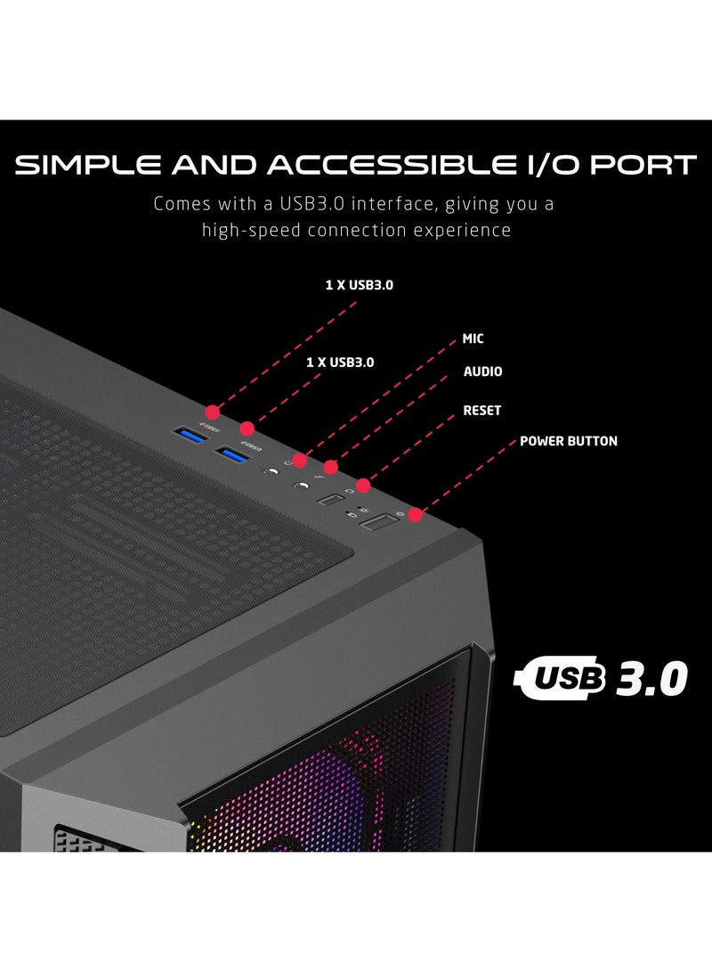 Trident IV Gaming PC Case – ATX/M-ATX/ITX Support, ARGB+PWM Lighting, Tempered Glass, Pre-installed 4 Fans, Water Cooling Ready Black