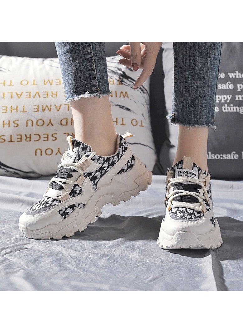 Chunky Sneakers with Black and White Houndstooth Pattern, Stylish Lightweight Casual Sports Shoes