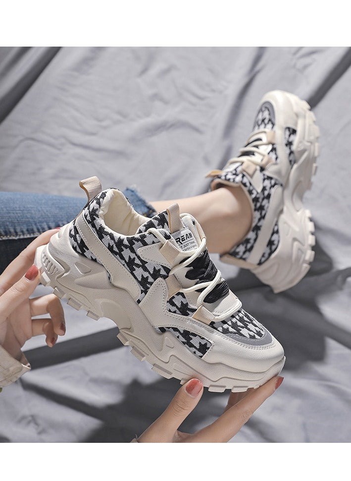 Chunky Sneakers with Black and White Houndstooth Pattern, Stylish Lightweight Casual Sports Shoes