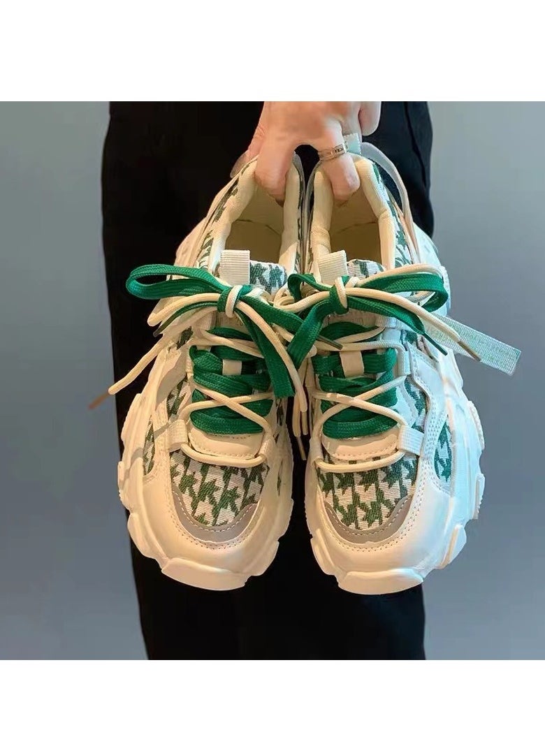 Chunky Sneakers with Green and White Houndstooth Pattern, Stylish Lightweight Casual Sports Shoes