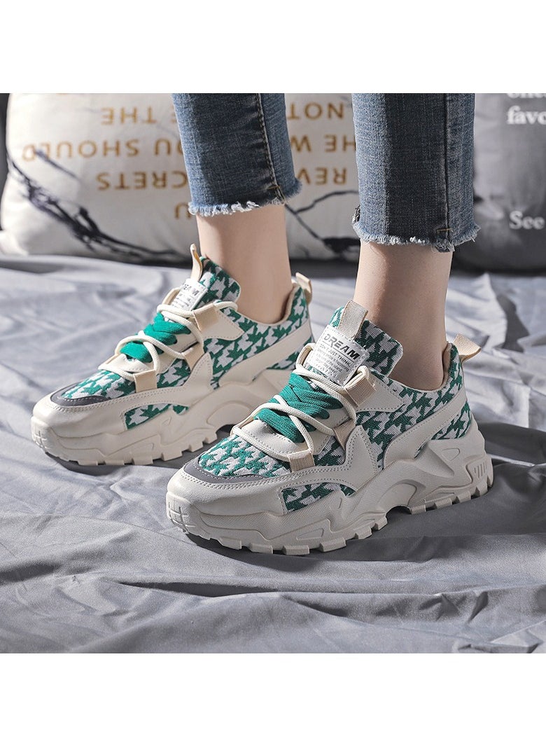 Chunky Sneakers with Green and White Houndstooth Pattern, Stylish Lightweight Casual Sports Shoes