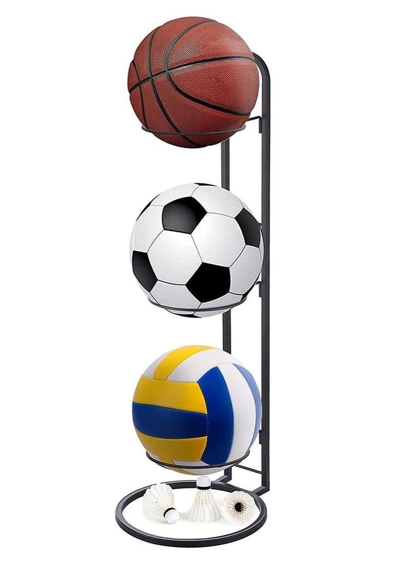 Basketball Storage Rack, 3 Tier Balls Organizer Vertical Metal Stand for Volleyball Football Rugby - Black