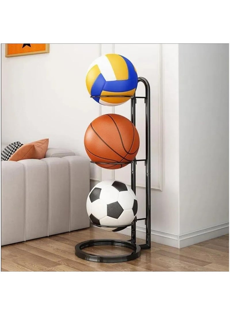 Basketball Storage Rack, 3 Tier Balls Organizer Vertical Metal Stand for Volleyball Football Rugby - Black