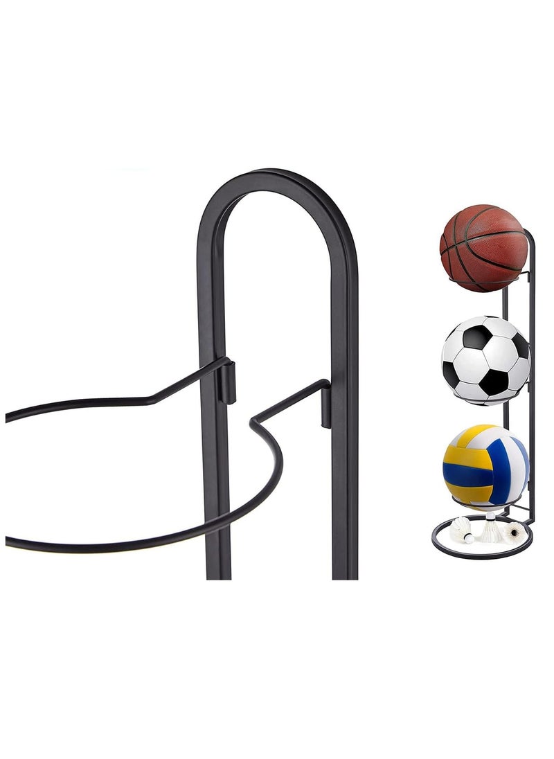 Basketball Storage Rack, 3 Tier Balls Organizer Vertical Metal Stand for Volleyball Football Rugby - Black