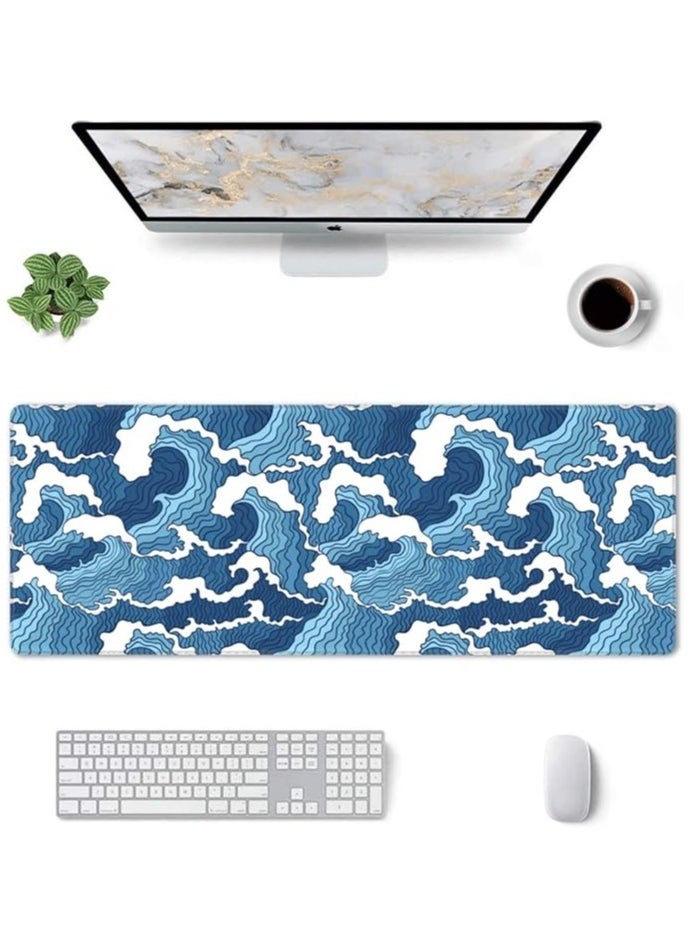 Japanese Blue and White Wave Extended Mouse Pad 31.5x11.8 Inch Wave Desk Mousepad Extended Large Non-Slip Rubber Base Waterproof Big Keyboard Mat with Stitched Edges for Gaming and Office